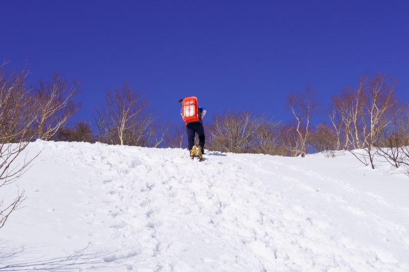 雪山では汗冷えを防ぐため汗をかかないペースでゆっくりと登ります。
